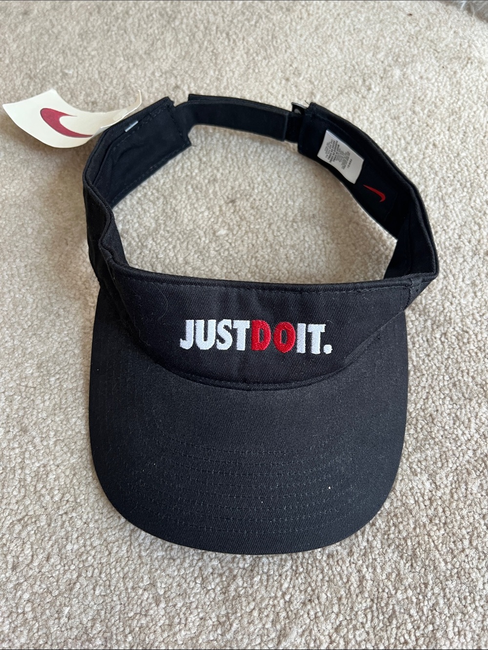 Nike Black Visor with White and Red "JUST DO IT." Embroidery